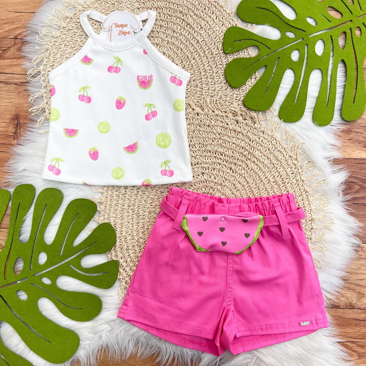 Conj. Regata Frutinhas e Short com Pochete de Melancia - Rosa 